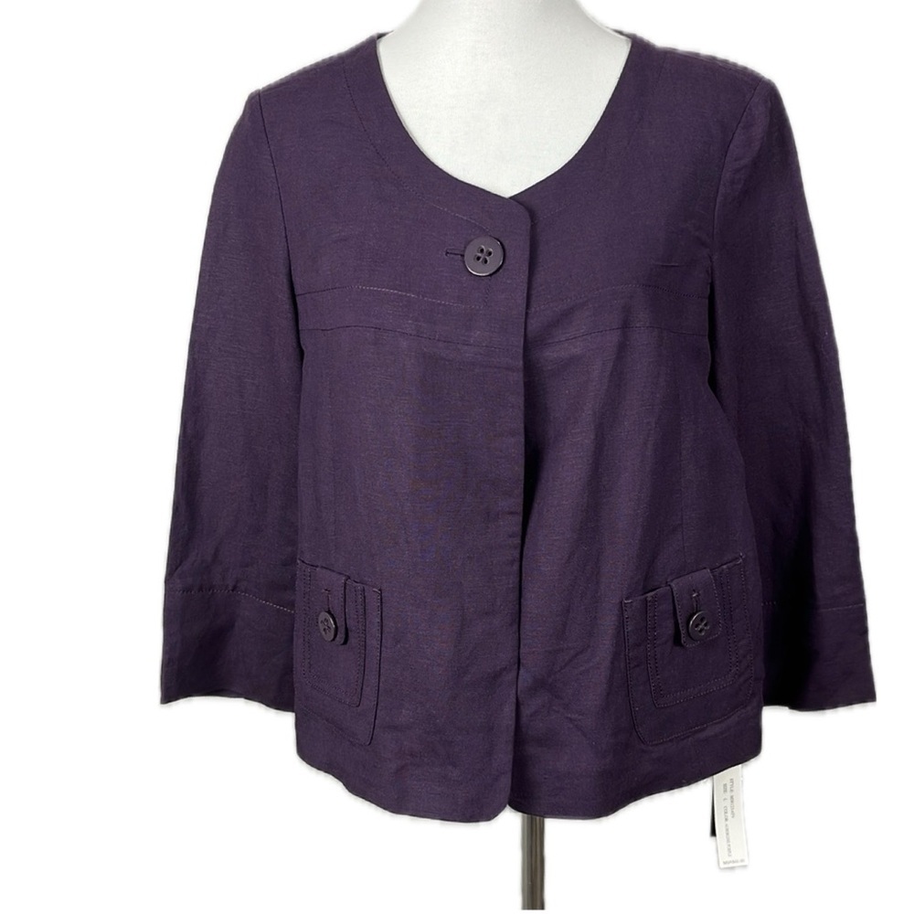 Larry Levine Purple Linen Blend Cropped Blazer Size L 3/4 Sleeve Boxy Retro Chic